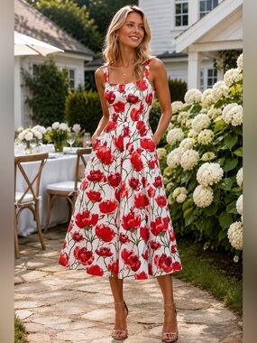 Milly Nia Red Peonia Floral Poplin Midi Dress Size 8 | NWT